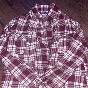 Plaid Button-Up Shirt - women boyfriend fit Maroon and White